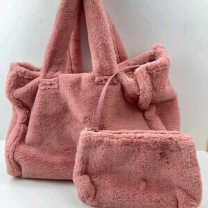 Anthropologie Faux Fur Baby Pink Tote + Wristlet (NWOT)